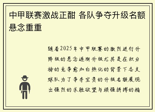 中甲联赛激战正酣 各队争夺升级名额悬念重重