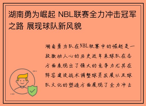 湖南勇为崛起 NBL联赛全力冲击冠军之路 展现球队新风貌